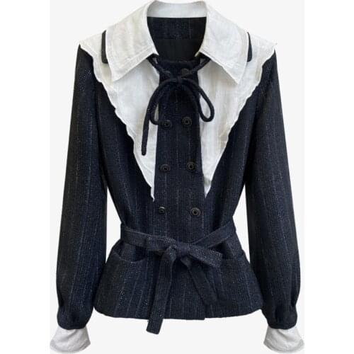 Turn-down collar full sleeves bow collar double buttons peter pan sweet girls shirt high waist female blouse C004