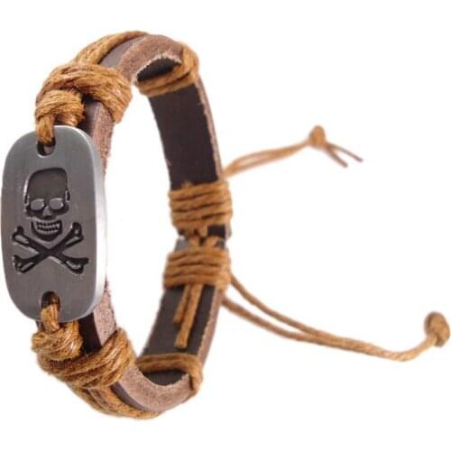 Pirates skeleton skull symbol alloy charm handmade hemp rope genuine leather wrap belt Bracelets bangle jewelry women men