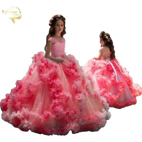 Flower Girl Dresses Beading Sash Ball Gowns Elegant Lace Cascading Princess Kids Pageant Gown For Weddings First Communion Dress