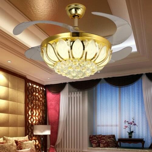 YEELED Light 42" Crystal Ceiling Fan Light with 3-Colors and 3 Speed Control ABS Retractable Invisible Blade Fan for Indoor Room