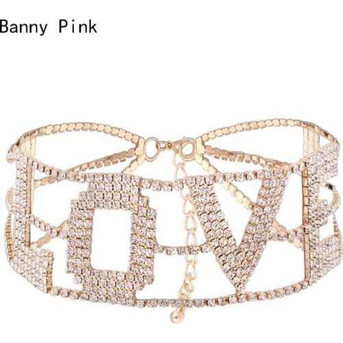 Romantic love Rhinestone Chain Choker Necklace For Women Chunky Crystal Chain Choker Collar Fashion Bridal Jewelry Colliers