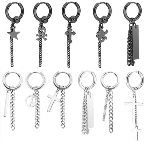 SaYao 2 Pieces Stainless Steel Hoop Earring Skull Cross Tassel Chain Ear Earrings Huggie Earring Jewelry Helix Tragus Boy Men