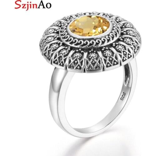 Szjinao Citrine Ring Flower Round 925 sterling silver Ladies Rings Vintage Carve White Gold Ring Charm 2020 Brand Fine Jewelry