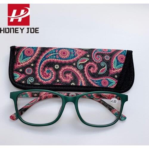 Womens Vintage Pocket Printed Reading Glasses with Pouch Spring Hinge Presbyopic Reading Glasses +1.0 1.5 2.0 2.5 3.0 3.5 4.0