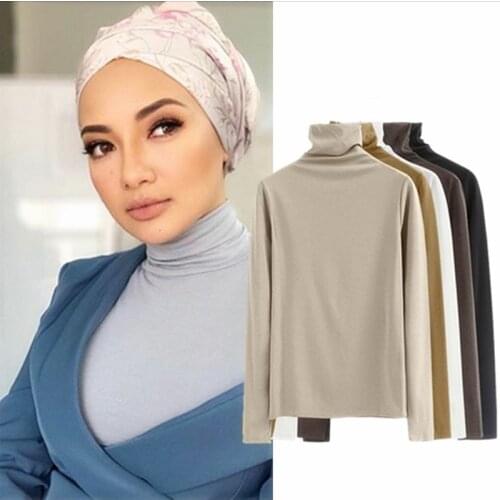 Muslim Ladies Bottoming Shirt High Neck Long Sleeve T-shirt Solid Color Top