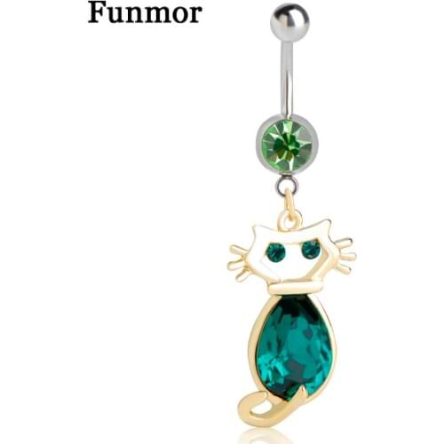 Funmor Green Austria Crystal Cats Dangle Belly Button Ring For Women Girls Holiday Stainless Steel Navel Piercing Body Jewelry