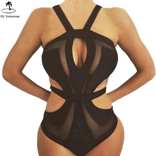 2019 New Sexy One Piece Swimsuit Womens Mesh Splicing Halter Bandage Cut Out One Piece Bathing Suit Swimwear