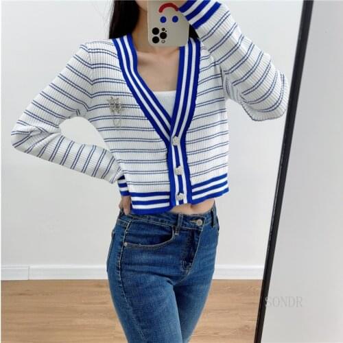 White Blue Striped Cropped Cardigan Women 2021 Autumn V Neck Pearls Buttons Crystal Brooch Slim Short Sweater Cardigan Jacket