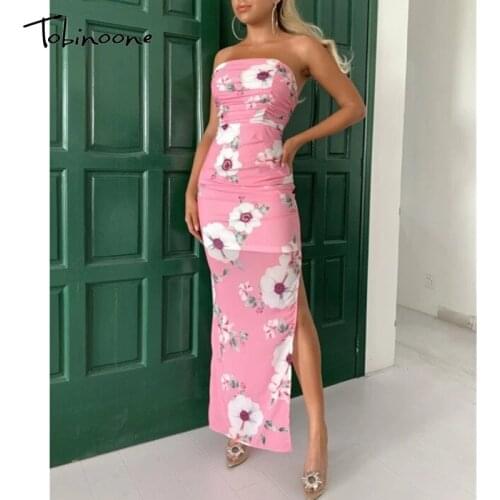 Tobinoone Mesh Off shoulder Summer Sexy Dress Women Print Ruched Strapless High Split Backless Dresses Long Club Party dress