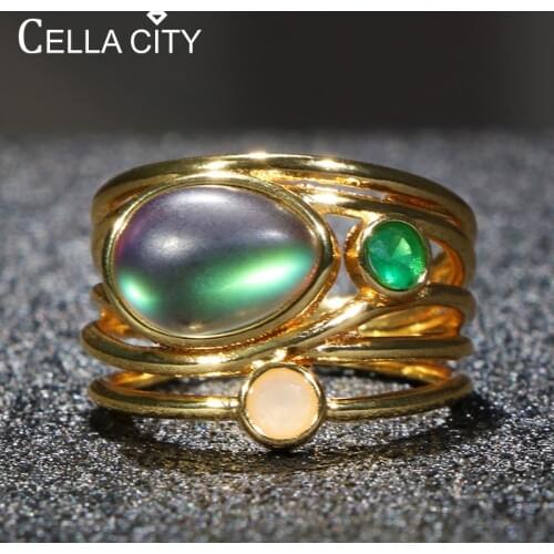 Cellacity Color Moonstone Ring for Women Silver 925 Jewelry Gold Color Water Drop Shaped Stone Ring Female Party Rings Wholesale
