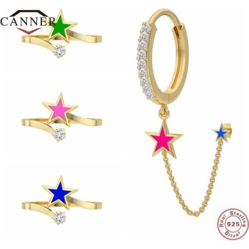CANNER Real 925 Sterling Silver Colorful Star Finger Ring Hoop Earrings for women Adjustable Rings Piercing Earings Jewelry Set