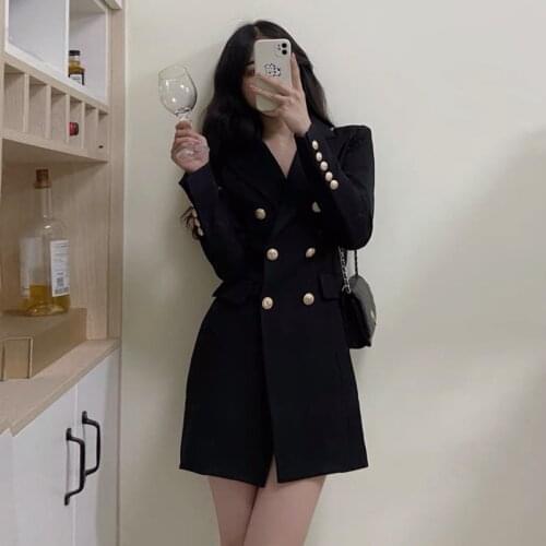 Fashion Office Ladies Spring New Womens Black Suit Dress Elegant Long Sleeve Double Breasted Button Slim Woman Blazers Dresses
