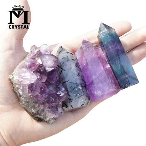 1set Natural fluorit tourmali quartz Hexagonal Column amethyst cluster Healing Wand Mineral Crystal point Home Decoration Stone