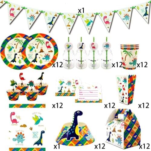 Party supplies 110pcs for 12kids 2019 New Dinosaur birthday party decoration tableware set, plate+cup+straw+flag+tablecover