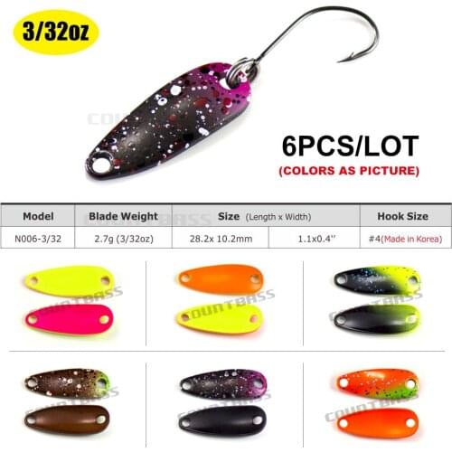6PCS COUNTBASS Metal Spoon Lure With Korean Single Hook, Size 28.2x10.2mm, 2.7g 3/32oz Trout Fishing Bait