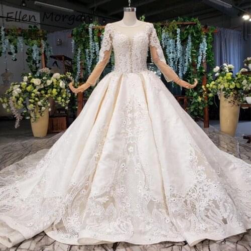 Ivory Satin Long Sleeves Lace Wedding Dresses for Women 2020 Puffy Appliques Arabic Middle East Countries Backless Bridal Gowns