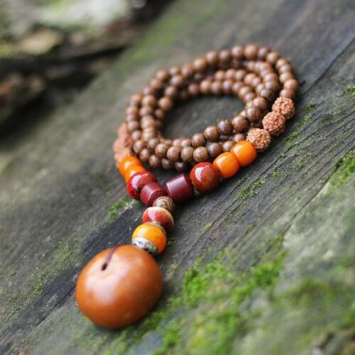 108 pcs of Sandalwood long necklace ,Nipal steel beads Rudraksha necklace,handmade Buddha beads Buddhism necklace