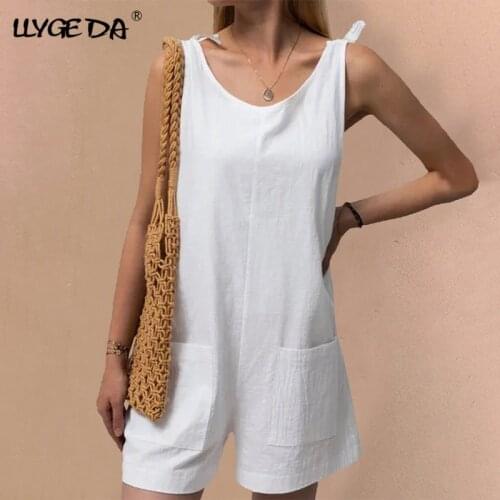 Cotton Linen Women Playsuits Shouders Knotted Rompers Sleeveless Wide Leg Playsuit Female 2021 Summer Solid Loose Romper Girls
