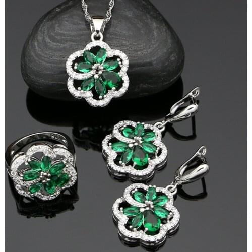 Flower Silver 925 Jewelry Sets Green CZ White Crystal Jewelry for Women Drop Earrings/Pendant/Rings/Necklace Set