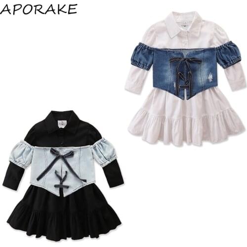 2021 2-7Y Fashion Kids Baby Girl Clothes Set Off Shoulder Puff Short Sleeve Denim Top+White Long Sleeve Shirt Pleated Dress 2pcs