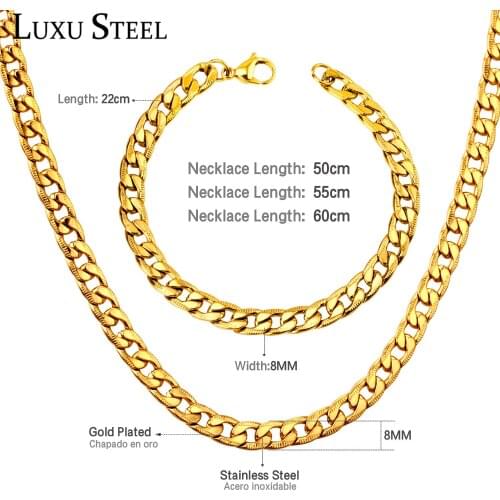LUXUSTEEL african jewelry set Width 8mm Stainless Steel Long 50cm 55cm 60cm Chains Bracelets Sets Cuban Link Chains