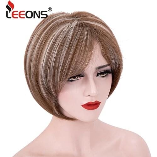 Leeons Brown Wigs For Women Short Straight Bob Blonde Highlights Wig With Bangs Natural Synthetic Hair Wigs For Daily Wear Wigs