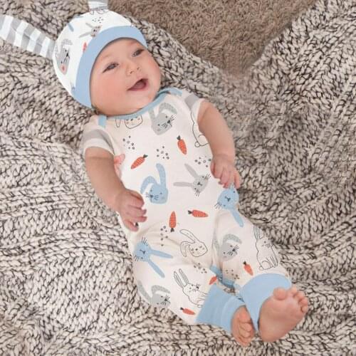 Cute Baby Rompers Summer Short Sleeve Jumpsuit Infant Baby Boys Girls Easter Cartoon Rabbit Printed Romper Jumpsuit+Hat Outfits