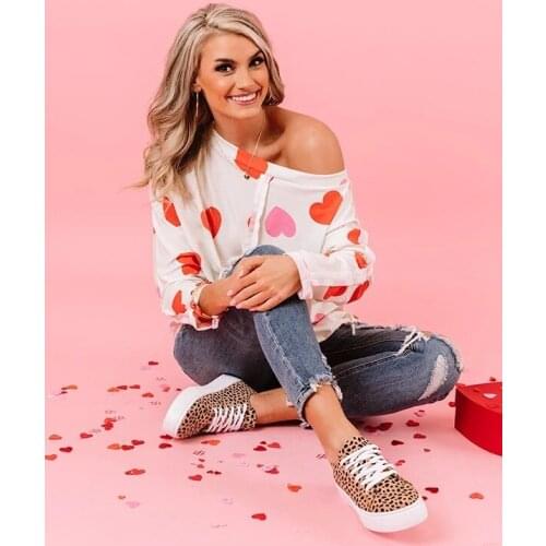 2021 New Casual Love Printing T-shirt Elegant O-neck Long-sleeved Tops Fashion Ladies One-shoulder Comfortable T-shirt