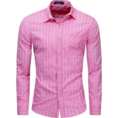 New Plus Size Mens Cotton Long-sleeved Pink Color Matching Plaid Shirt Pocket Shirt