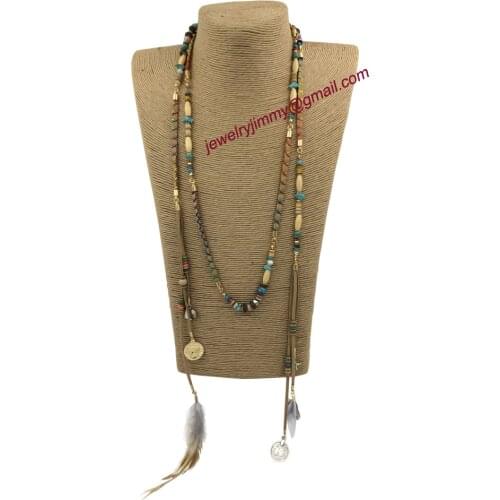 2015New personalized handmade jewelry supplier beaded feather pendant long Necklaces body chian for women Waist chain