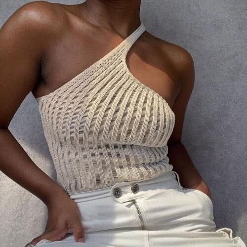 New Fashion Design Women Summer Knitted Crop Top Solid Color One Shoulder Slim Camisole Tank Top Club Party Streetwear 2021