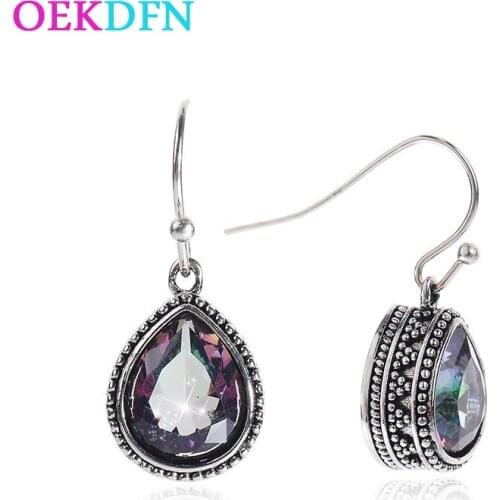 OEKDFN Vintage 100% 925 Sterling Silver Earrings Pear Mystic Rainbow Topaz Gemstone Drop Dangle Hook Earrings Fine Jewelry