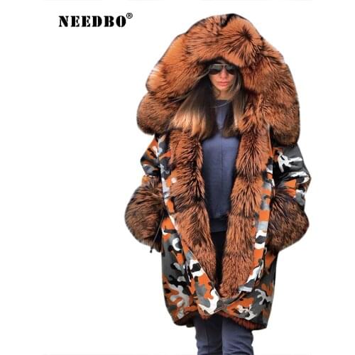 NEEDBO Winter Jacket Women Fur Coat Long Parka Print Warm Winter Coat Oversize Woman Coats Puffer Jacket Casual Loose Outwear
