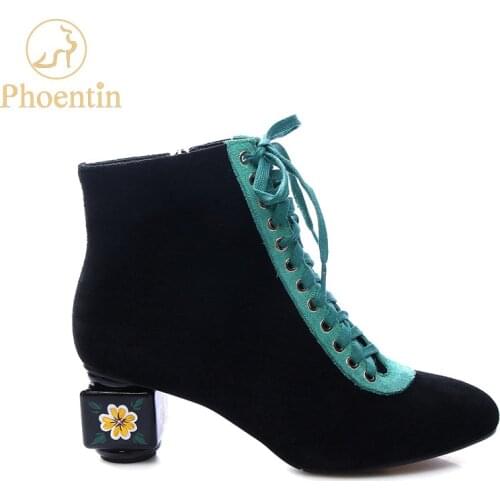 Phoentin mixed colors lace up ankle boots women with zipper 2019 short boots ladies flower medium strange heels suede shoe FT535