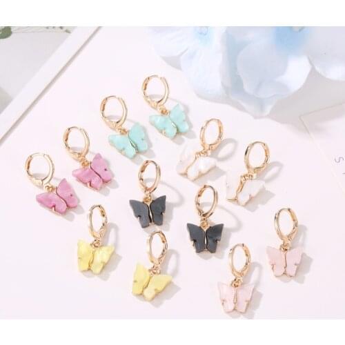 SOHOT New Colorful Acrylic Butterfly Pendant Women Hoop Earrings Trendy Alloy Circle Chic Girl Birthday Party Jewelry Brincos