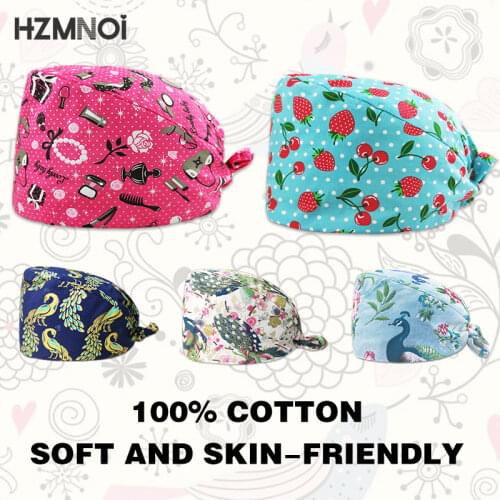 Cute Printing Adjustable Breathable Nurse Cap Surgical Cap Beauty Salon Dentist Cap Laboratory Pet Shop Unisex Scrub Cap