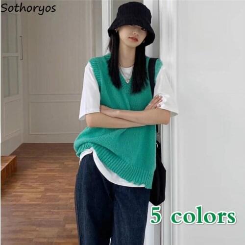 Sweater Vest Women V-neck Loose Harajuku Streetwear Candy Color All-match Students Chic Fashion Couples Ripped Vintage Sweaters