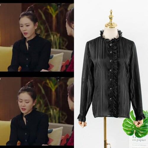 KPOP Seo Yea Ji Black temperament stand collar shirt women korean Streetwear fashion single-breasted long sleeve blouse and tops