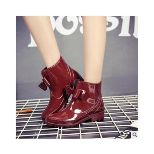2019 Bowtie Ankle Rain Boots Women Flat Heels Non-slip Glossy Rainboots Waterproof PVC Woman Water Shoes Wellies tyh789