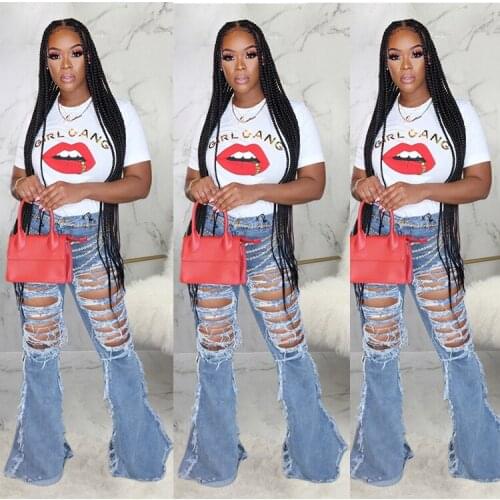 2020 Women High Waist Denim Skinny Jeans Bell Bottom Ripped Hole Slim Flare Jeans Female Wide Leg Holes Pants Ladies Plus Size