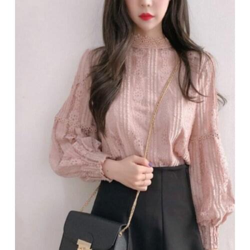 2020 Autumn New Women Fashion Lace Floral Shirts Blouses Long Sleeve Casual Loose Tops Blouse Solid Shirts