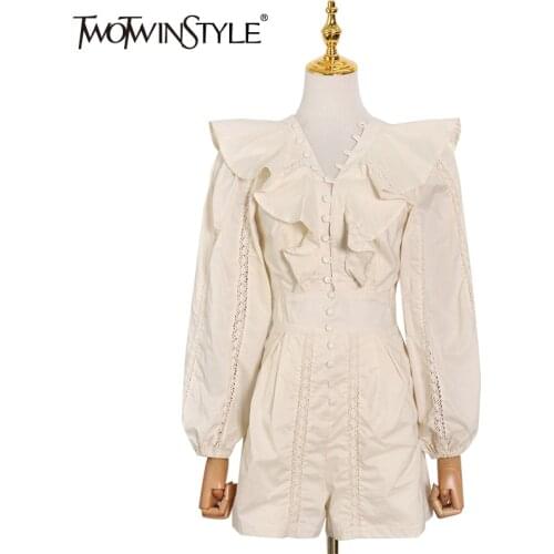 TWOTWINSTYLE White Patchwork Ruffle Jumpsuit For Women V Neck Long Sleeve High Waist Elegant Jumpsuits Female Fashion New 2021