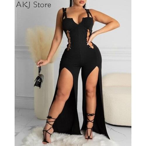 Women Sexy Solid Color Cutout Design Slit Leg Jumpsuit