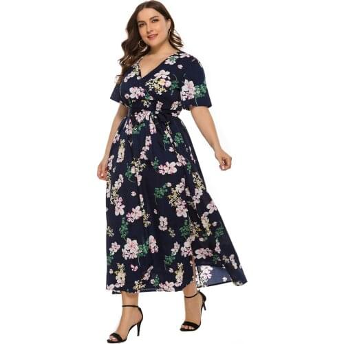 Plus Size Women Dress Short Sleeve Floral Print Bohemian Party Dresses Split Kimono Style Long Maxi Dress TSQ0145