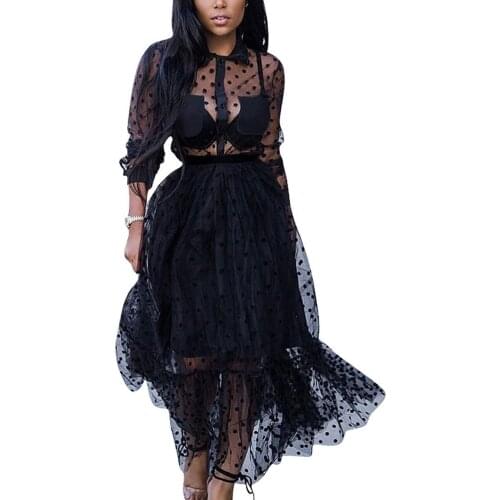 Women Mesh Polka Dot See Through Maxi Dress Elegant Long Sleeve Black Formal Evening Vestidos Classy England Dresses RH304