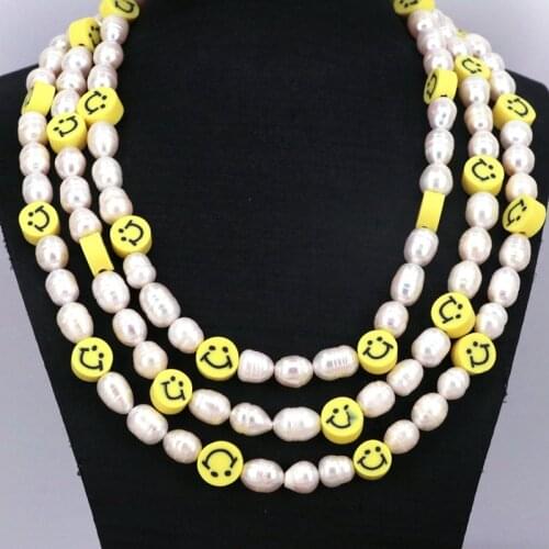 5Pcs 2021 Boho White Pearl Smiley Face Polymer Clay Bead Necklaces For Women Pearl Bead Chain Statement Necklace Jewelry