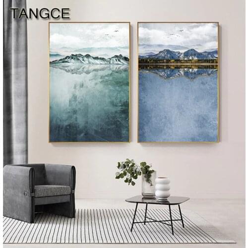Abstract Green Moutain Water Canvas Painting Glacier Print Blue Sea Sky Wall Art Picture for Living Room Nordic Landscape Poster