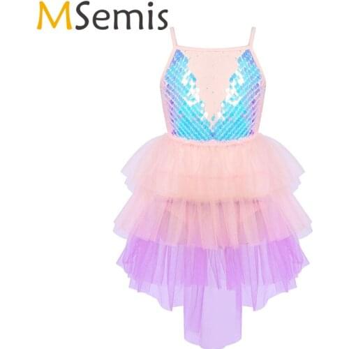 Kid Girls Ballet Tutu Dress Sparkly Sequins Costume Spaghetti Shoulder Strap Gymnastics Leotard Tiered Mesh Tutu Dress Dancewear