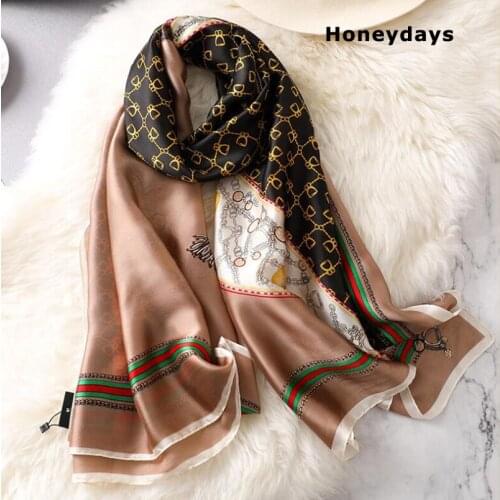 Designer Elegant Chain Print Silk Scarf Popular Decorative Scarfs Fashion Thickened Neck Linen Shawl Long Wraps Female Bandana
