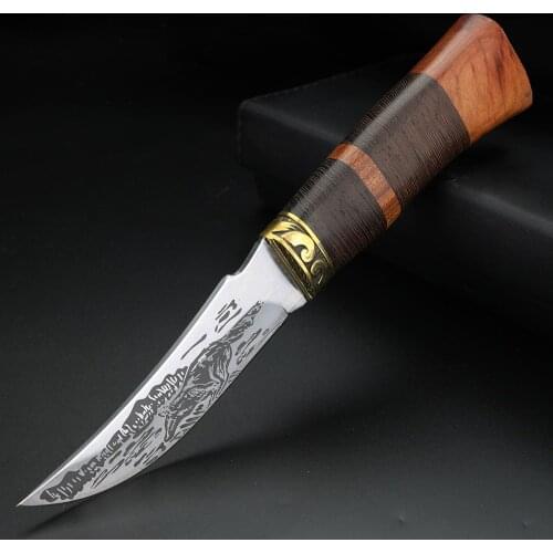 Camping Hunting Knife with Wooden Handle Wolf Pattern Fixed Blade Short Knife Outdoor Survival Portable Knife EDC Tool